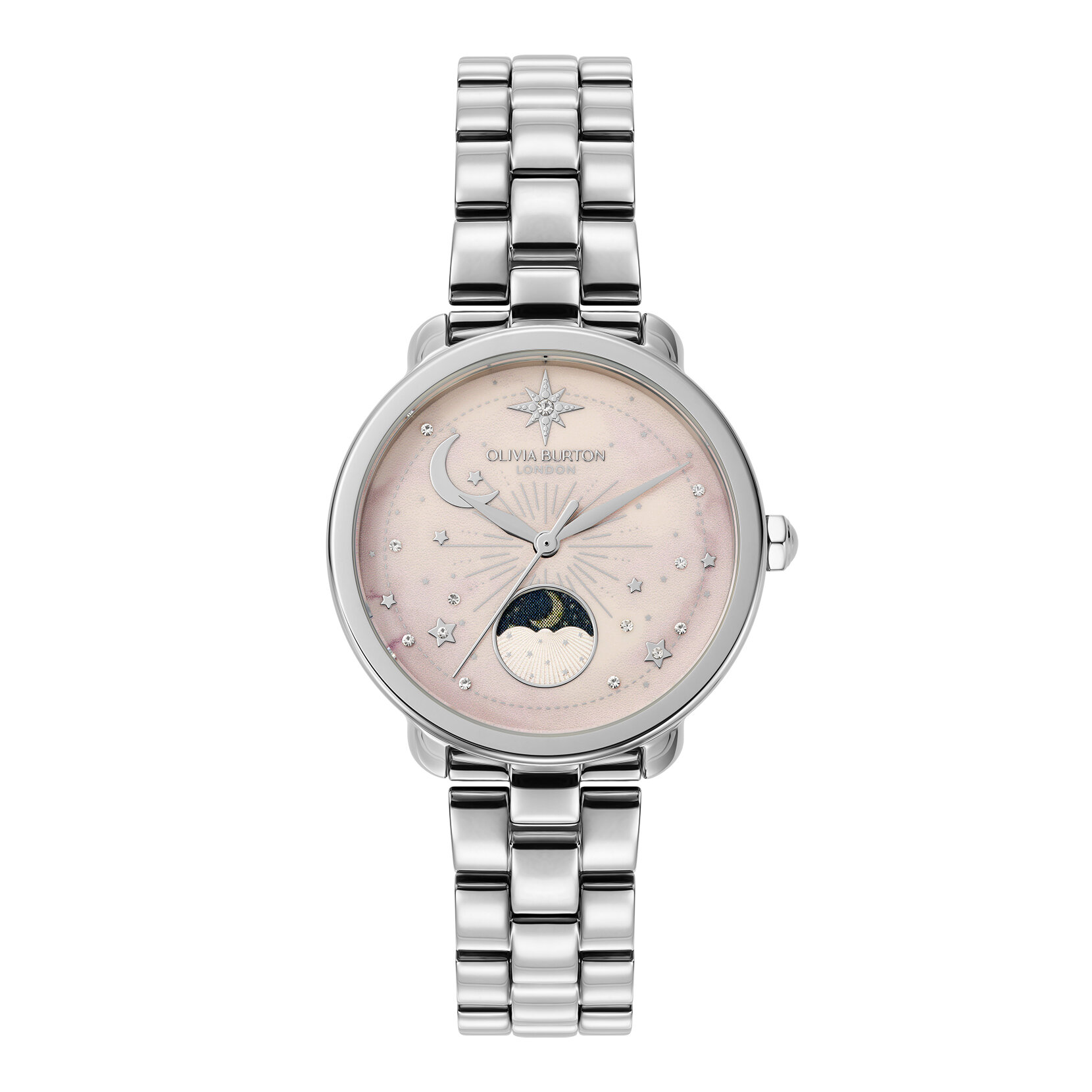 34mm Moon Phase Pink & Silver Bracelet Watch
