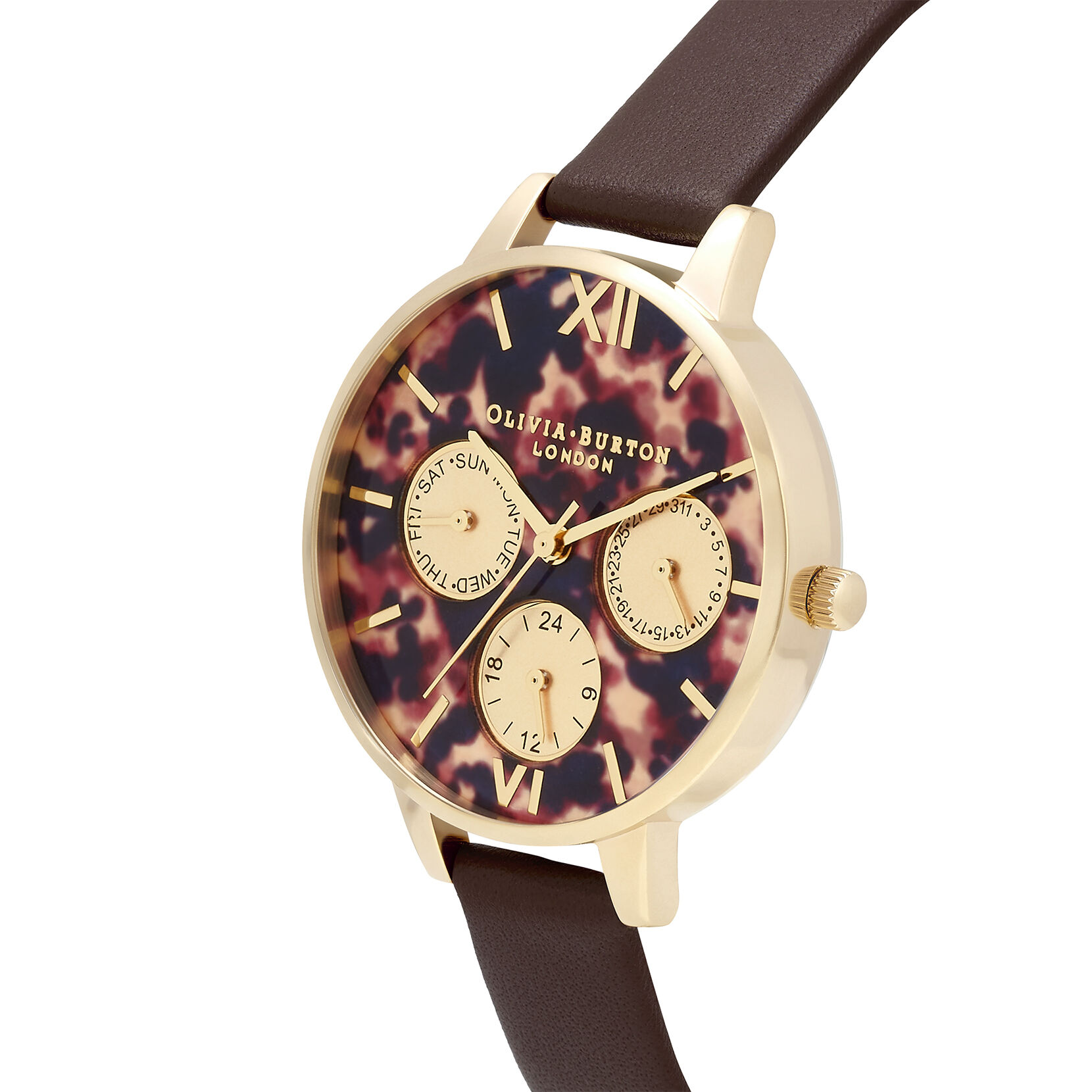 34mm Gold & Brown Leather Strap Watch