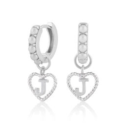 'J' Faux Pearl Heart Initial Huggie Hoop Silver