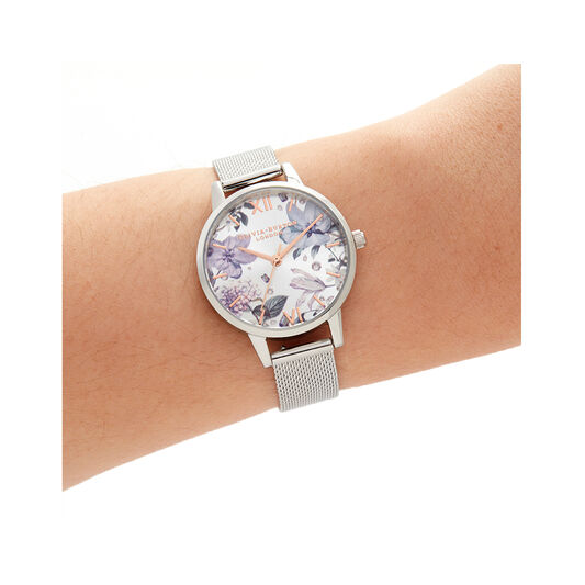 Bejewelled Florals Midi Silver Mesh & Rose Gold