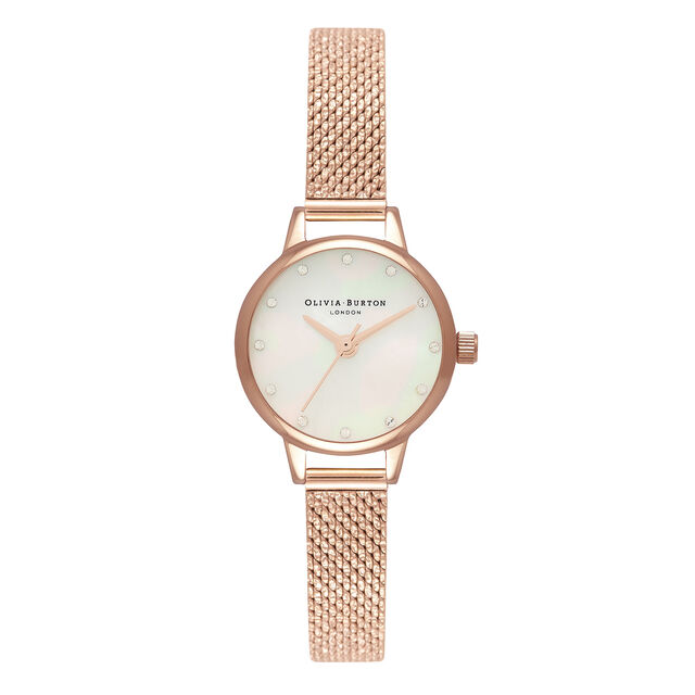 Mini White Mother Of Pearl Dial, Sparkle Markers & Rose Gold Boucle Mesh