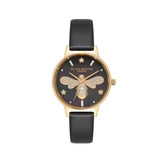Sparkle Bee 30mm Gold & Black Leather Strap Watch