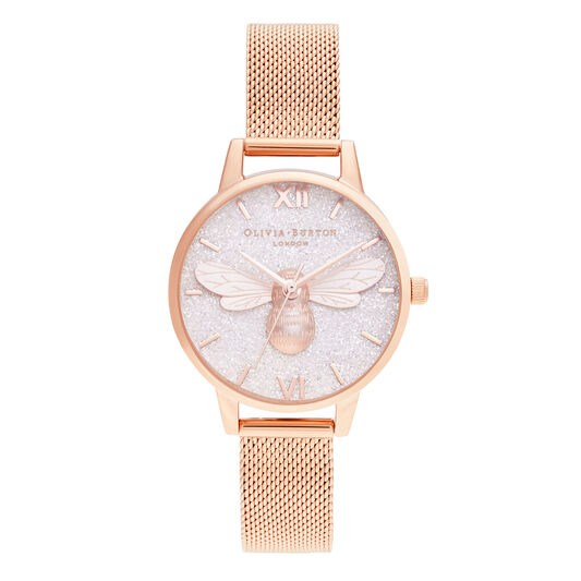 Glitter Dial Lucky Bee & Rose Gold Mesh