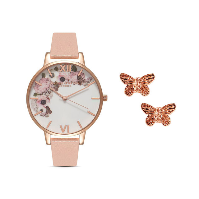Signature Floral Watch & Rose Gold 3D Butterfly Studs Gift Set