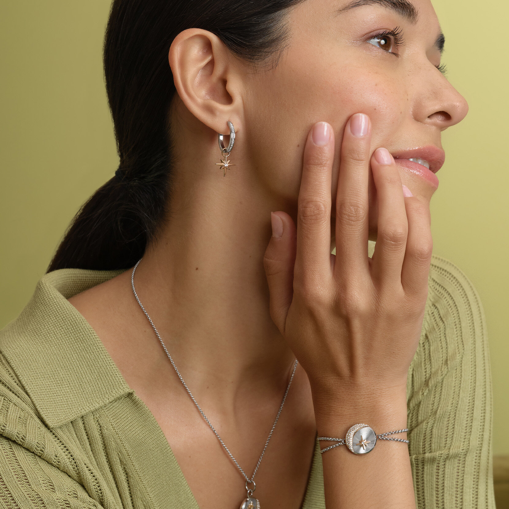 Celestial Star and Moon Silver Tone Huggie Earrings