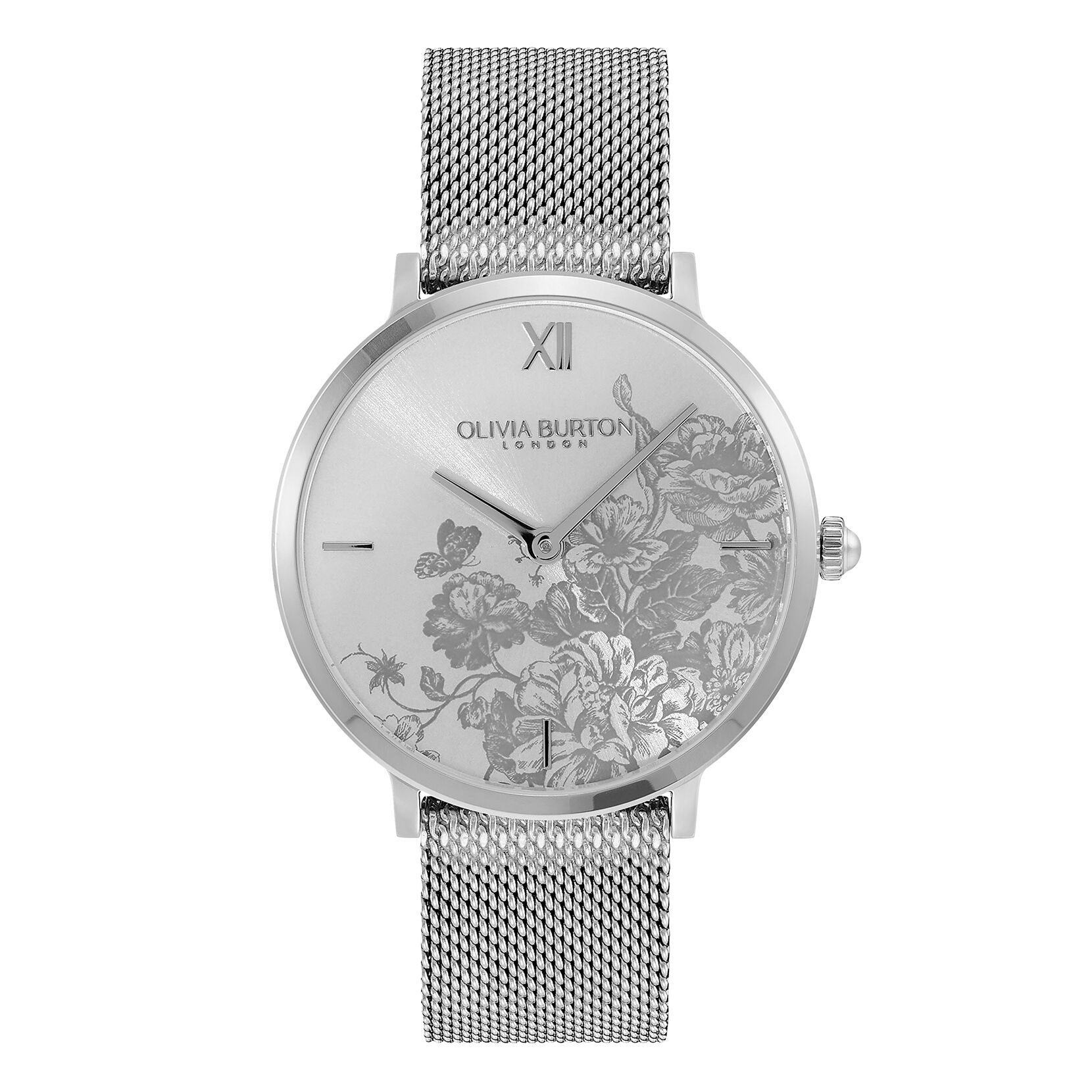 Signature 35mm Floral Blooms Ultra Slim Silver Mesh Watch | Olivia 