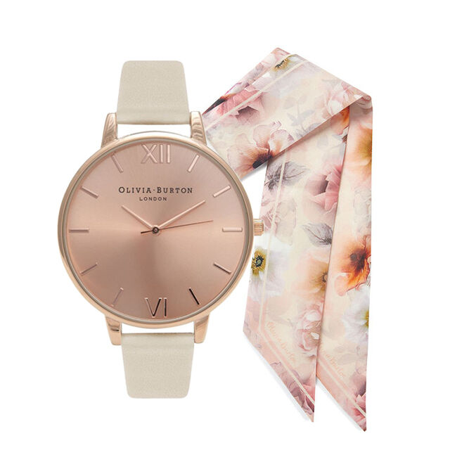 Vegan Friendly Cream & Rose Gold Watch and Sunlight Floral Skinny Scarf Gift Set