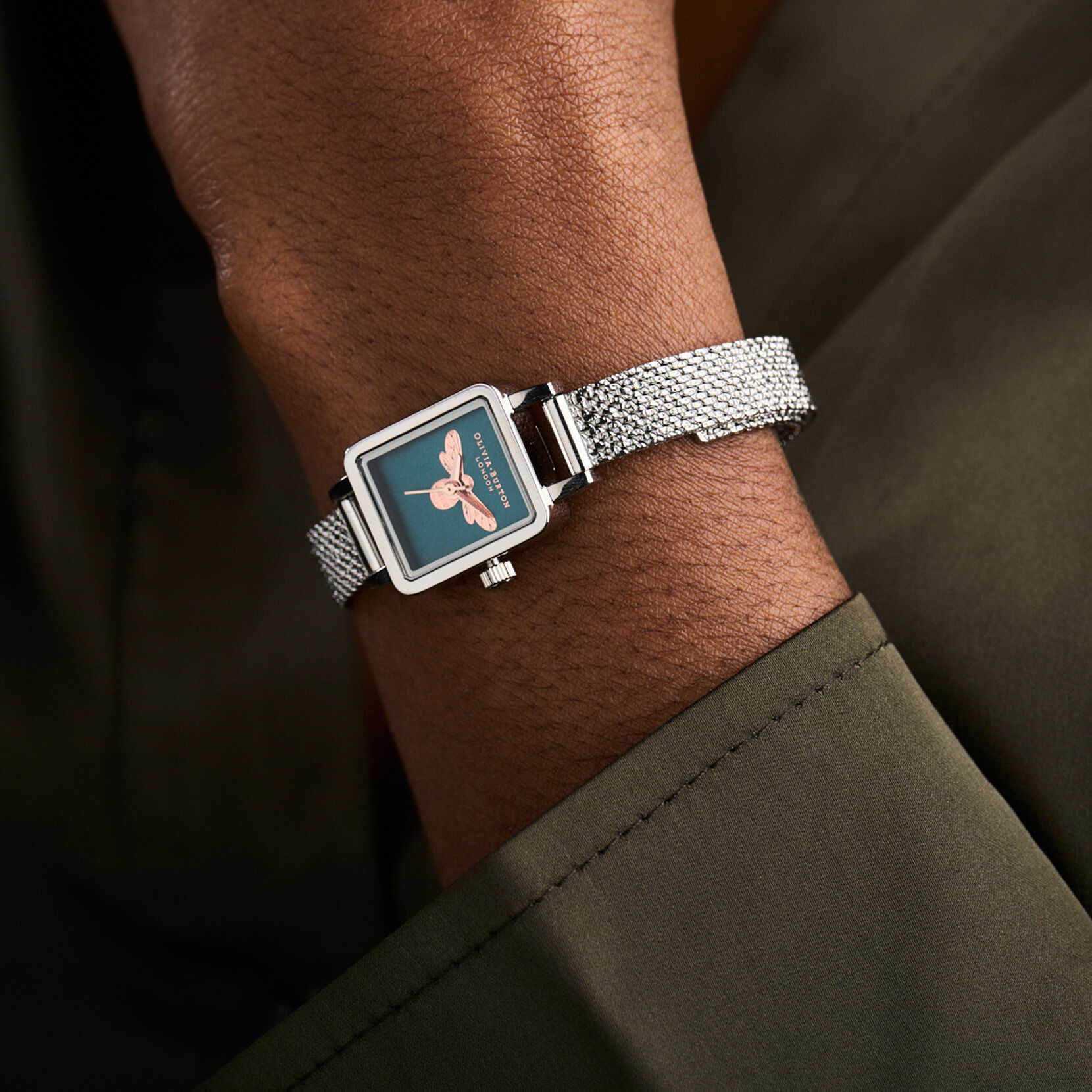 Lucky Bee Mini Rectangle Teal & Silver Mesh Watch