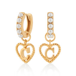 'C' Faux Pearl Heart Initial Huggie Hoop Gold