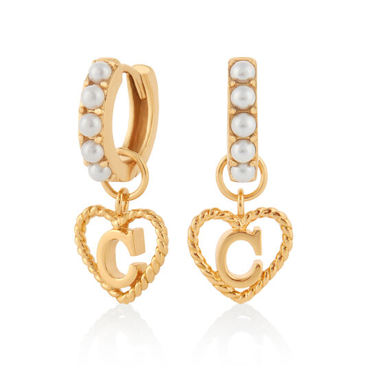'C' Faux Pearl Heart Initial Huggie Hoop Gold