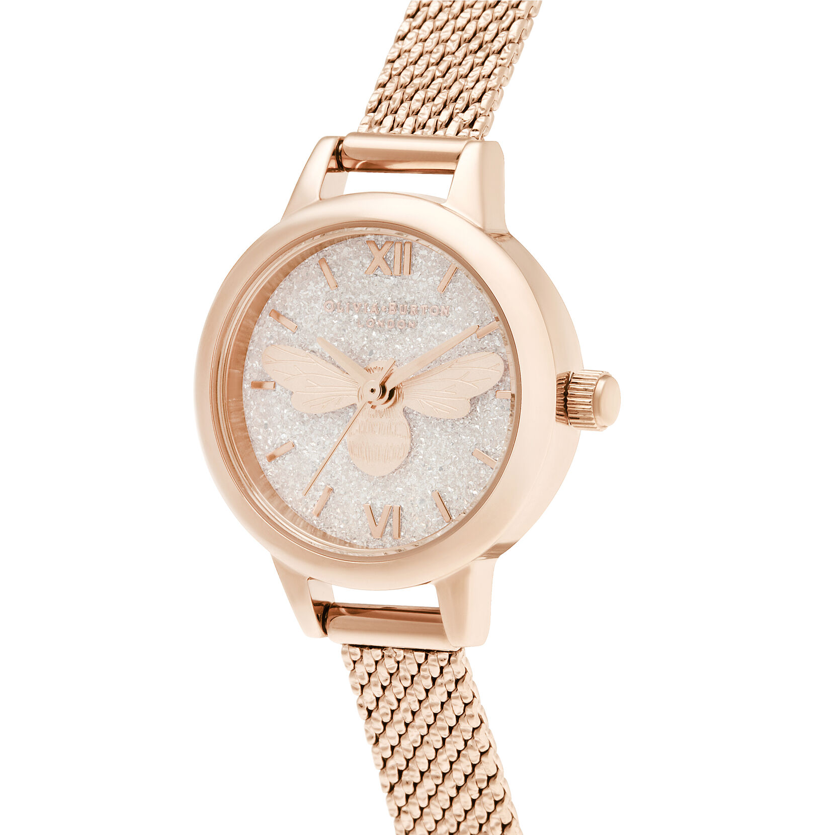 Lucky Bee Mini Dial Rose Gold Boucle Mesh Watch
