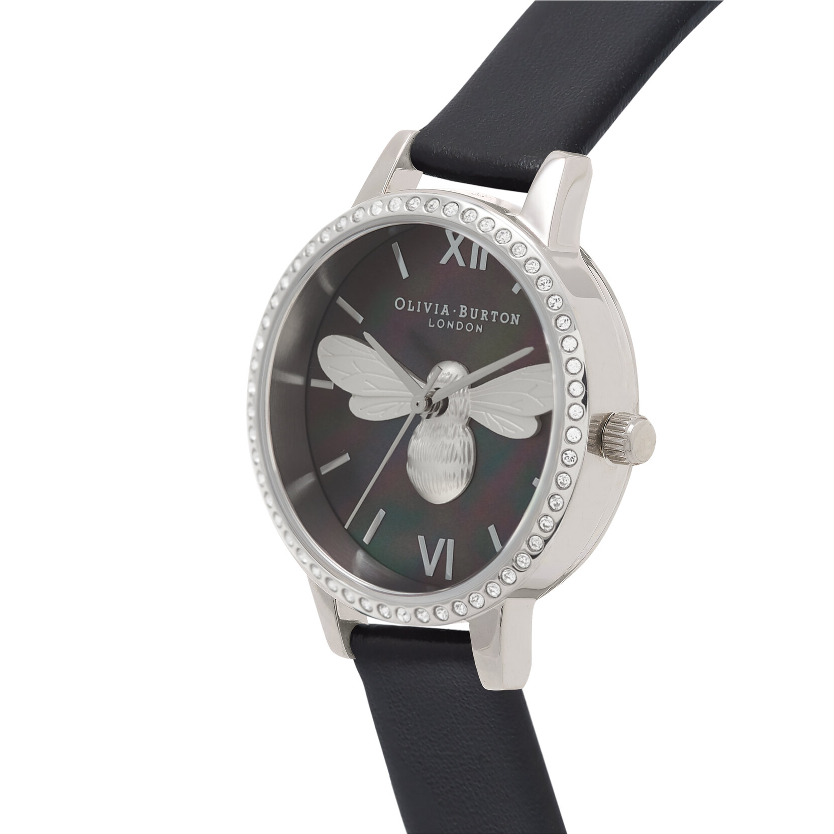 30mm Silver & Black Leather Strap Watch