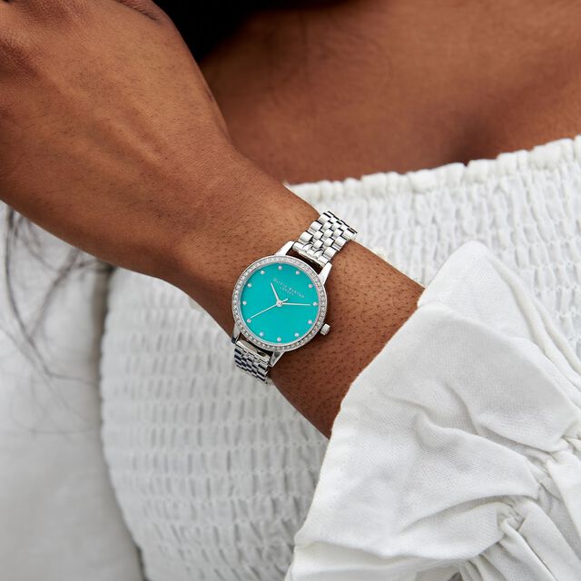 Midi Green Mother Of Pearl Sparkle Bezel, Silver Bracelet Watch