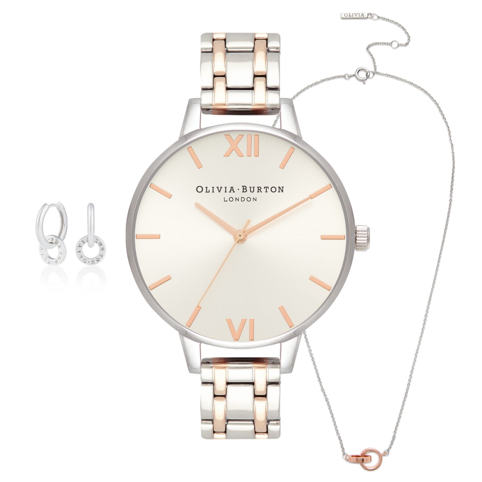 The England Two-tone Watch, Interlink Necklace & Huggie Bundle