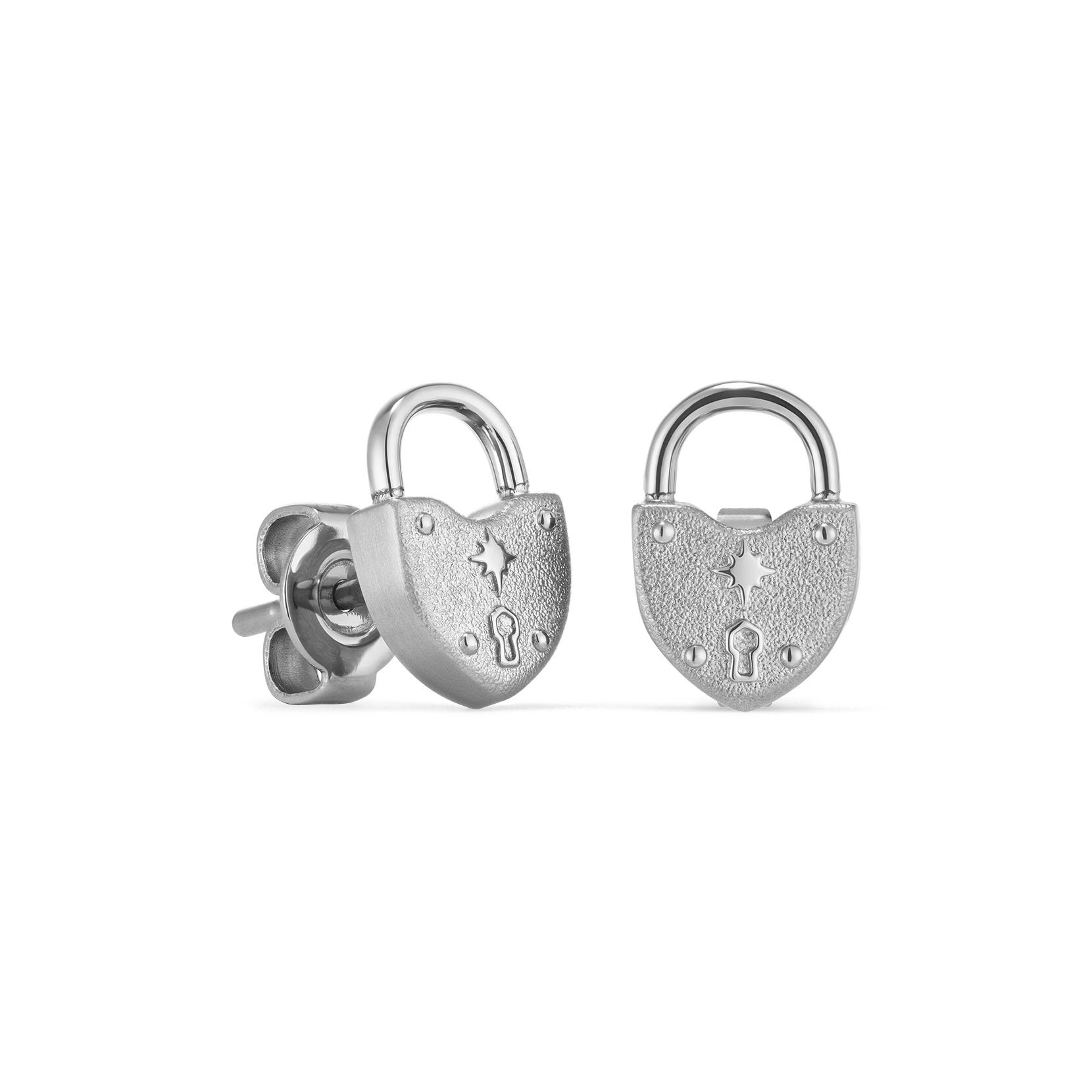 Lock Heart Silver Tone Stud Earrings