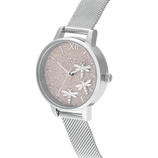 Dancing Dragonfly Blush Glitter Dial & Silver Mesh