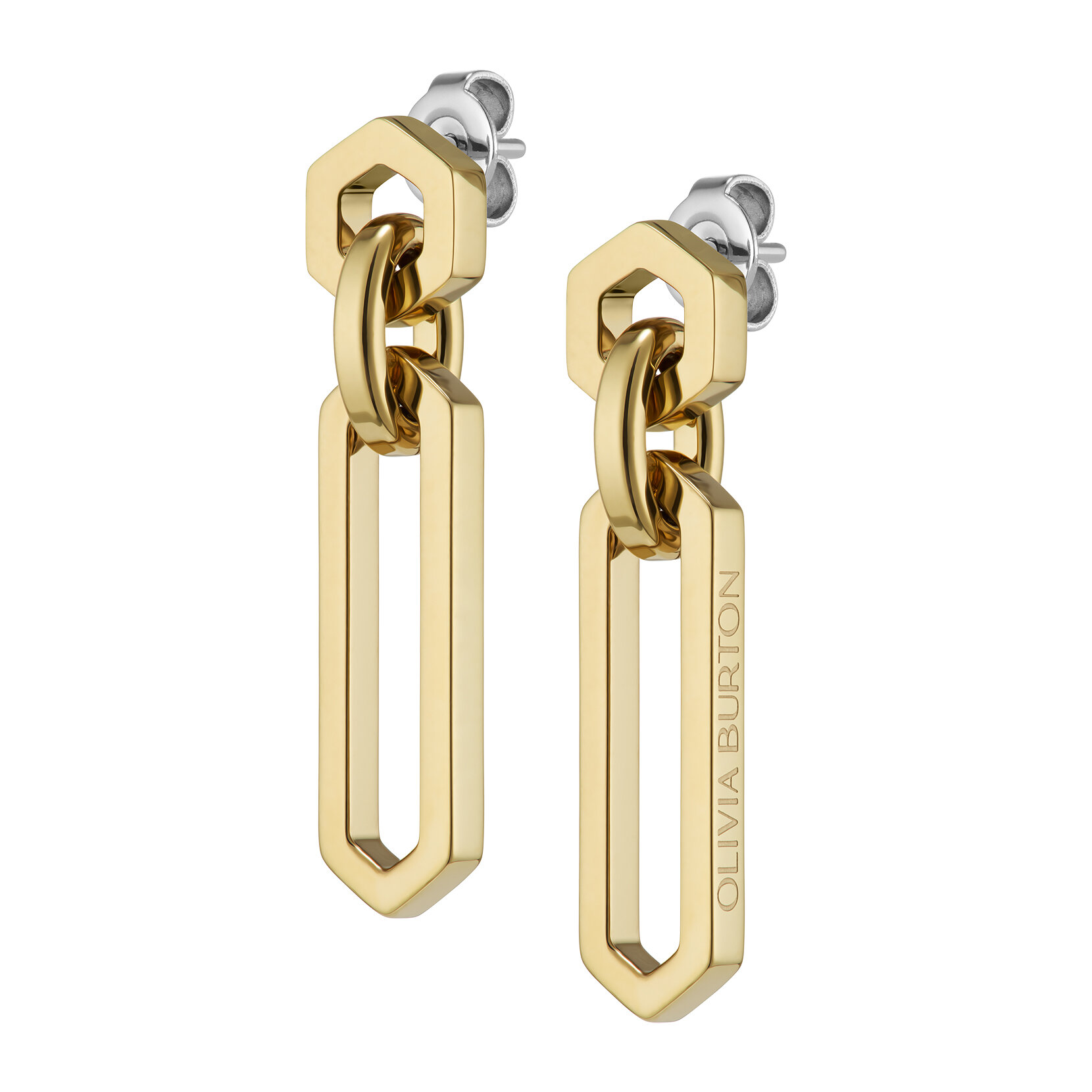 Hex Link Gold Plated Drop Earrings