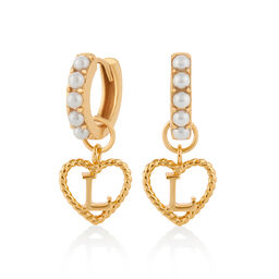 'L' Faux Pearl Heart Initial Huggie Hoop Gold