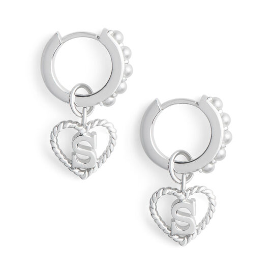 'S' Faux Pearl Heart Initial Huggie Hoop Silver