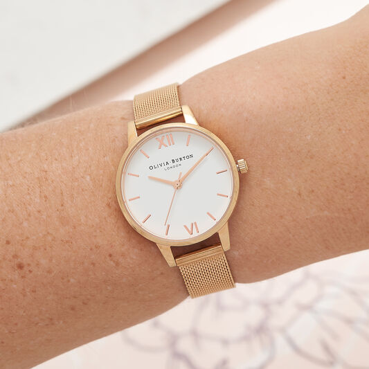 White Dial Rose Gold Mesh Watch