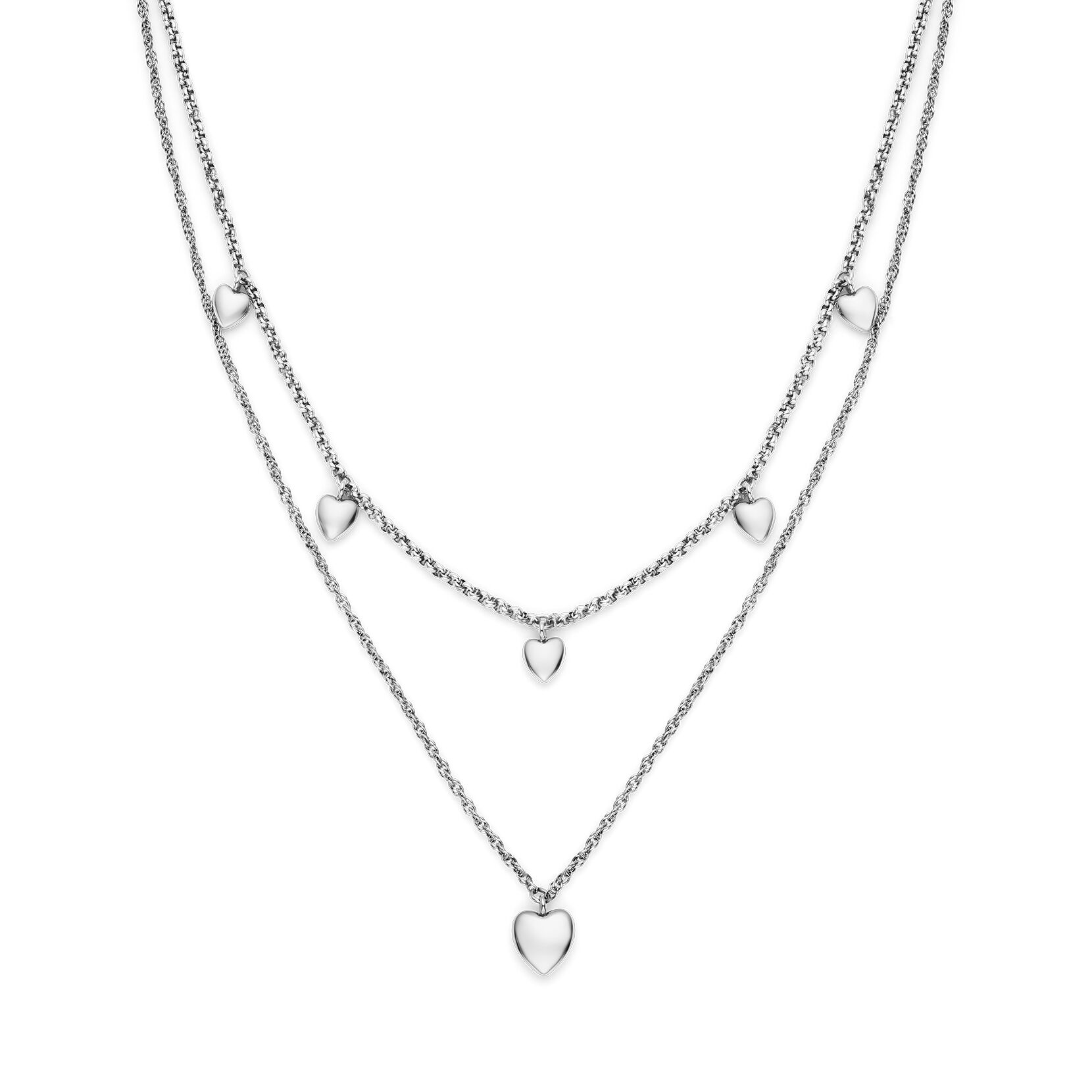 Classic Mini Heart Silver Tone Double Chain Necklace | Olivia
