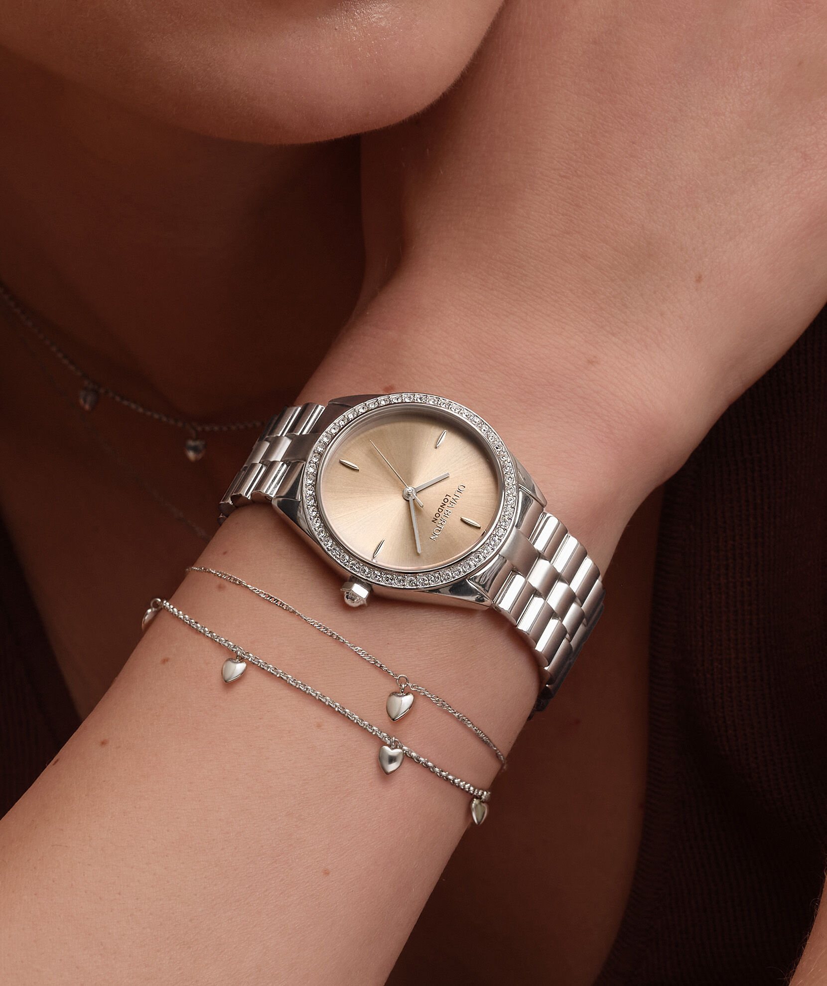 Sports Luxe 34mm Bejewelled Trench Coat & Silver Bracelet Watch