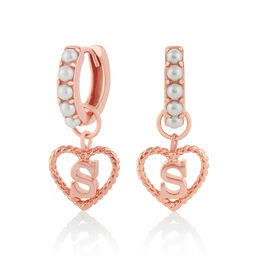 'S' Faux Pearl Heart Initial Huggie Hoop Rose Gold