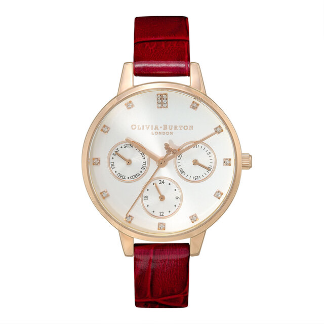 34mm White, Carnation Gold & Burgundy Leather Strap Watch