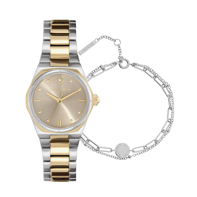 28mm Mini Hexa Two Tone Bracelet Watch & Illusion Stacking Bracelet Gift Set