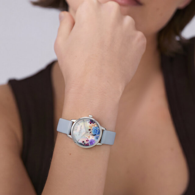 28mm Autumn Floral Silver & Blue Leather Strap Watch