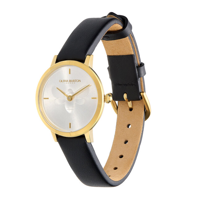 28mm Bee Ultra Slim Gold & Black Leather Strap Watch