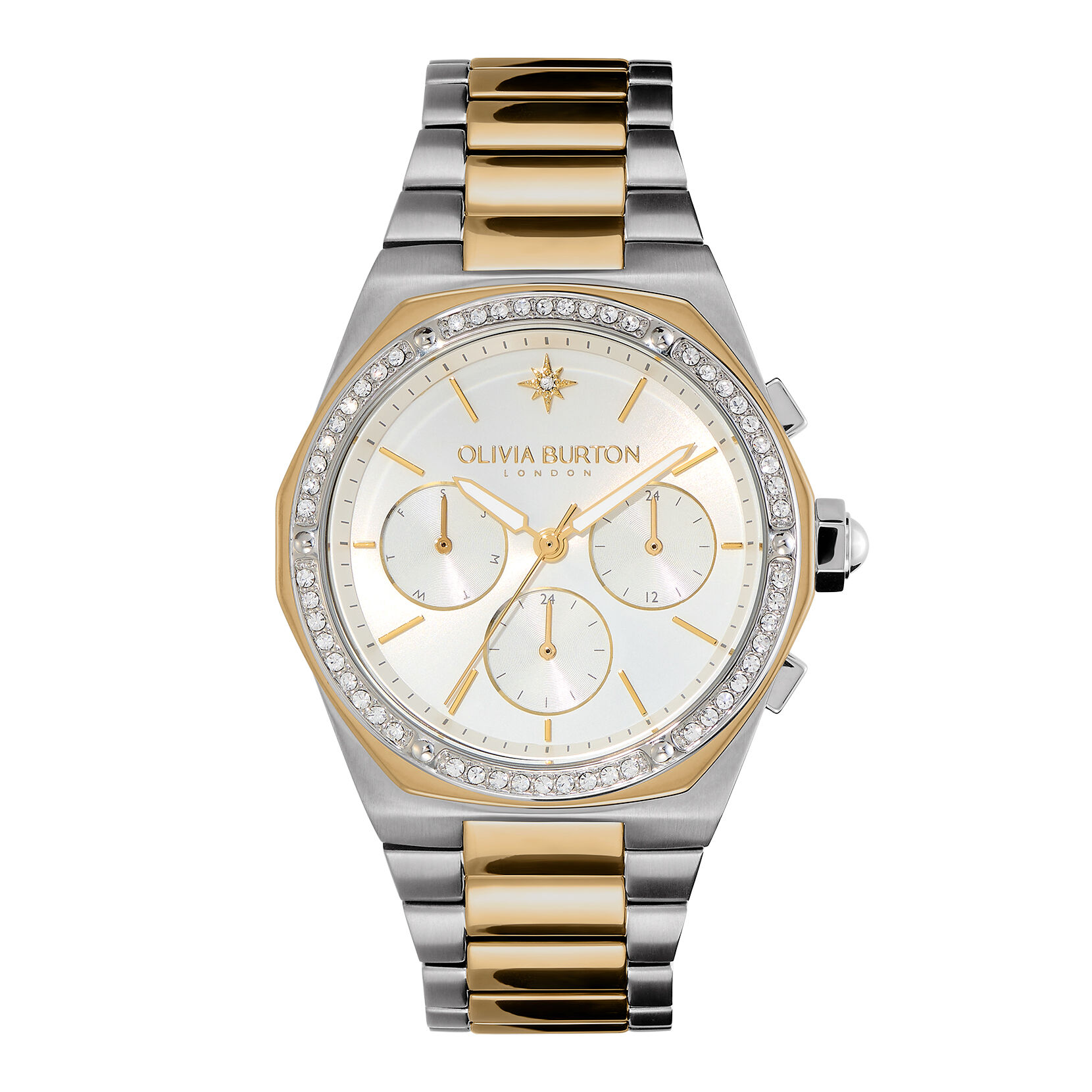 Sports Luxe 38mm Hexa Multi Function White Two Tone Bracelet Watch Olivia Burton London
