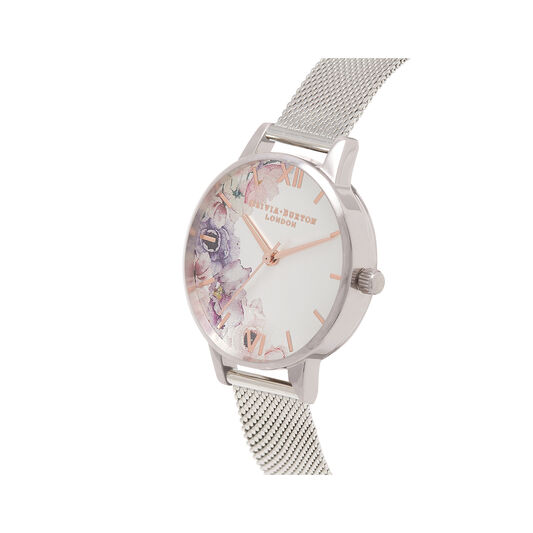 Watercolour Florals Silver Mesh Watch