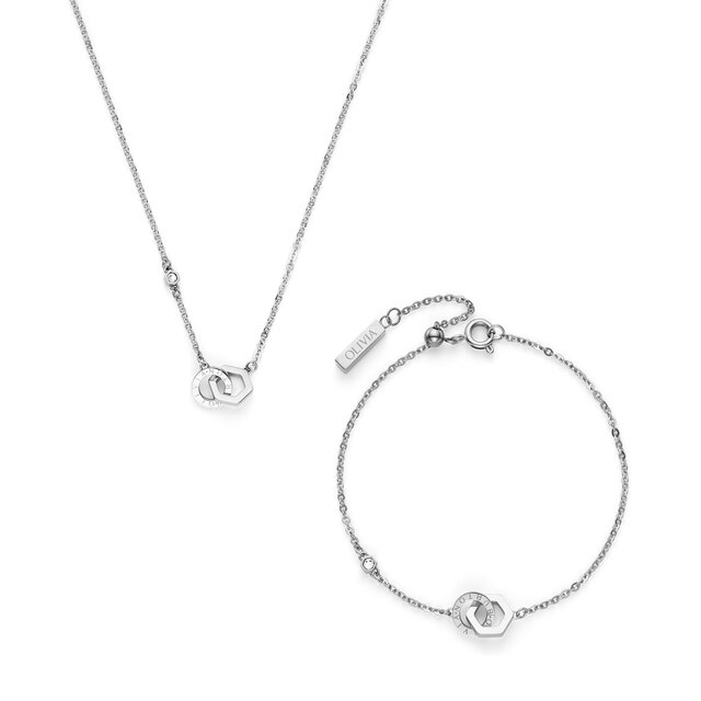Hex Interlink Silver Tone Bracelet & Necklace Gift Set
