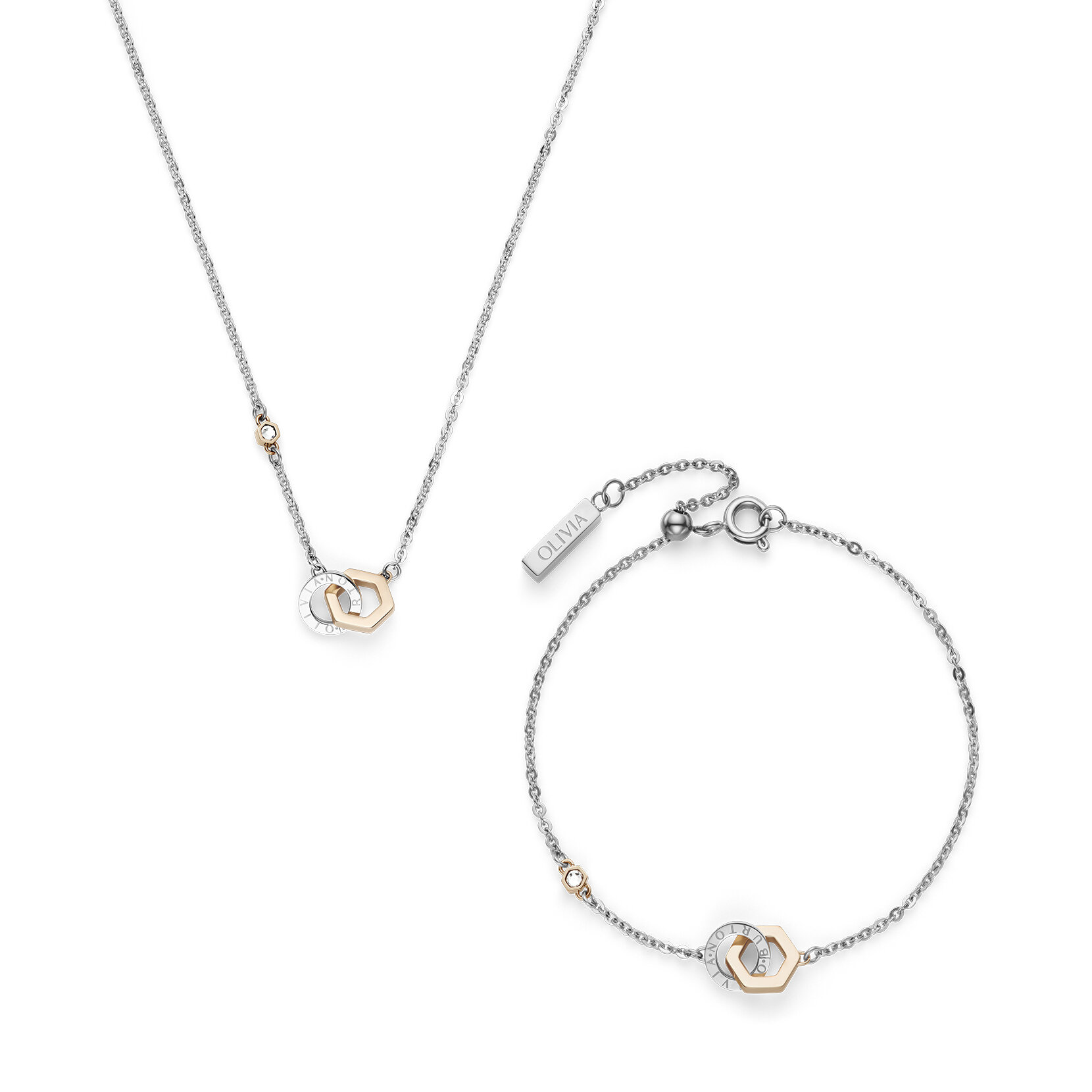 Hex Interlink Silver & Rose Gold Plated Bracelet & Necklace Gift Set