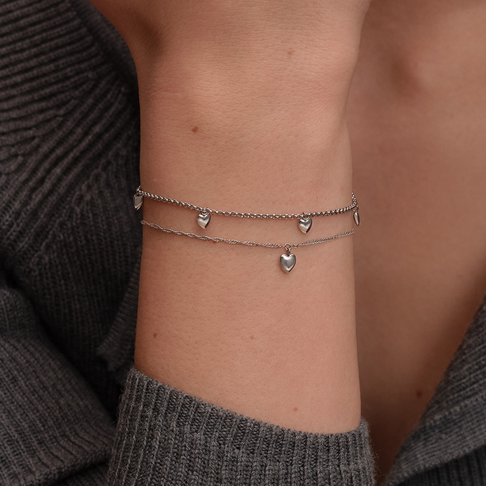 Mini Heart Silver Tone Double Chain Bracelet