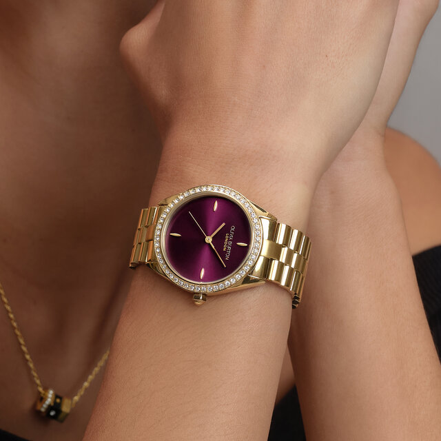 34mm Bejewelled Cherry Lacquer & Gold Bracelet Watch