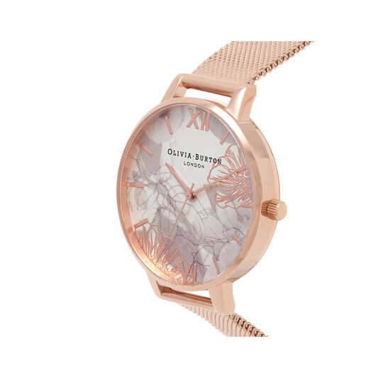 Abstract Florals Rose Gold Mesh Watch