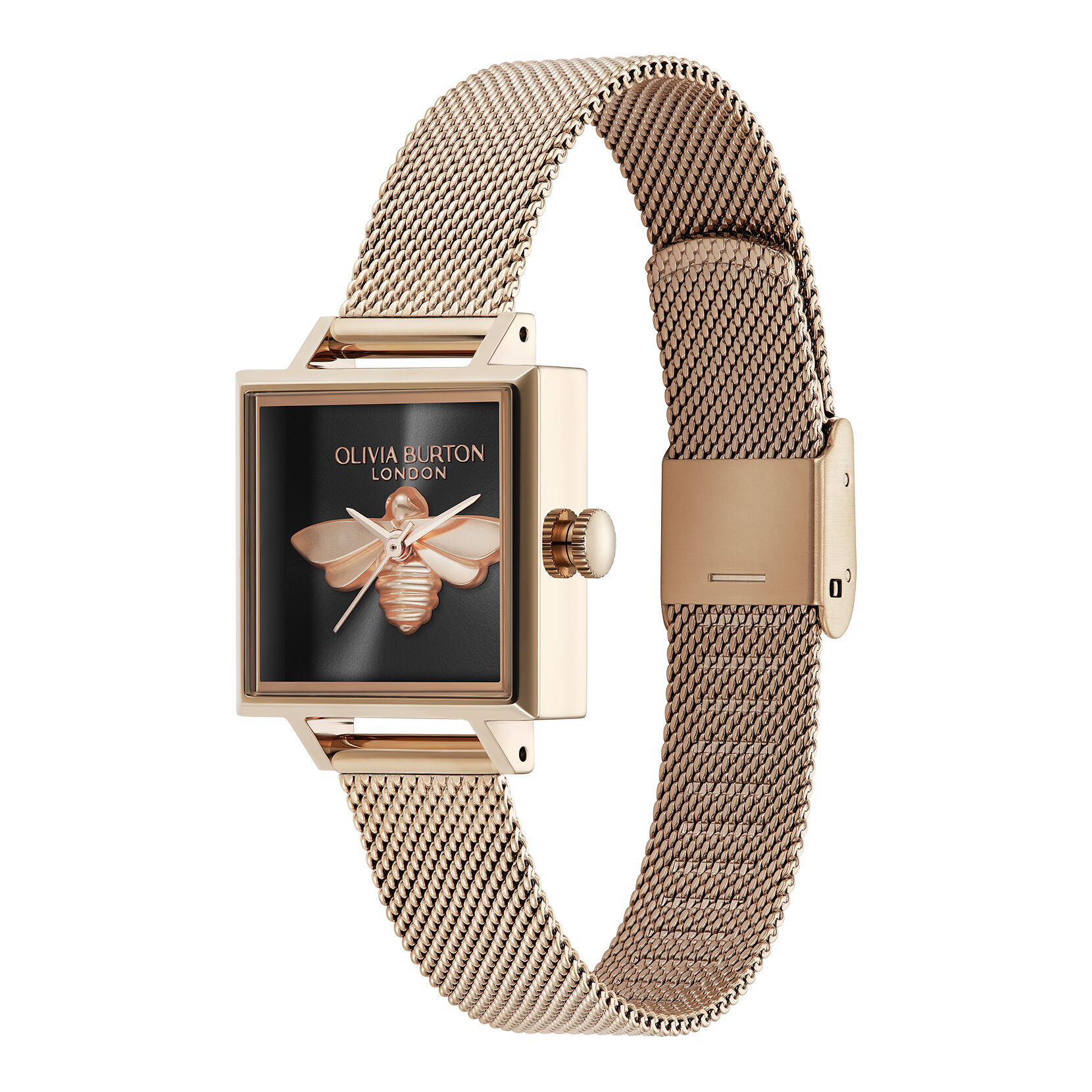 Signature 23mm Lucky Bee Black Rose Gold Mesh Watch Olivia Burton London