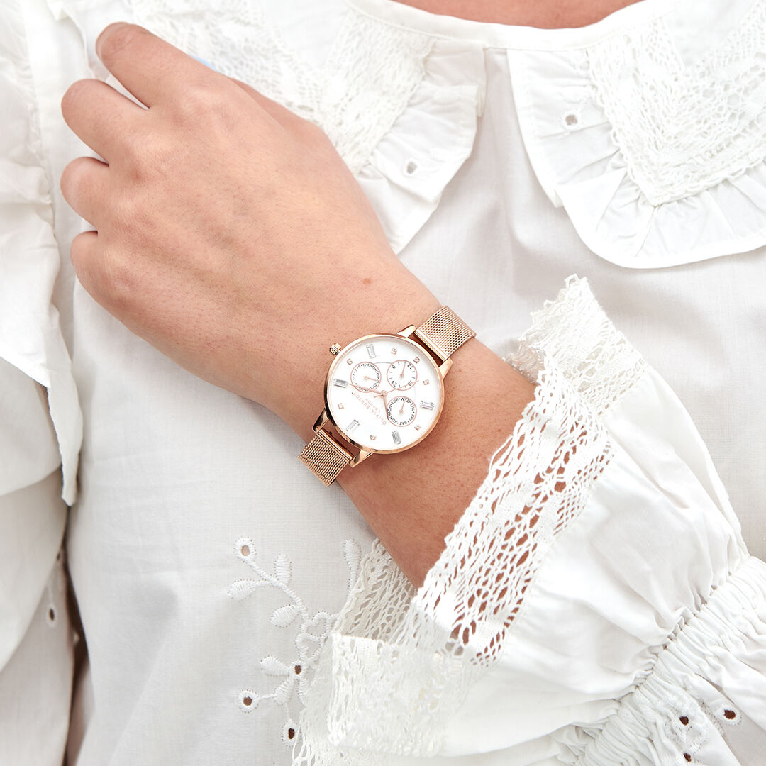 Multi Function 34mm Silver & Rose Gold Mesh Watch | Olivia Burton ...