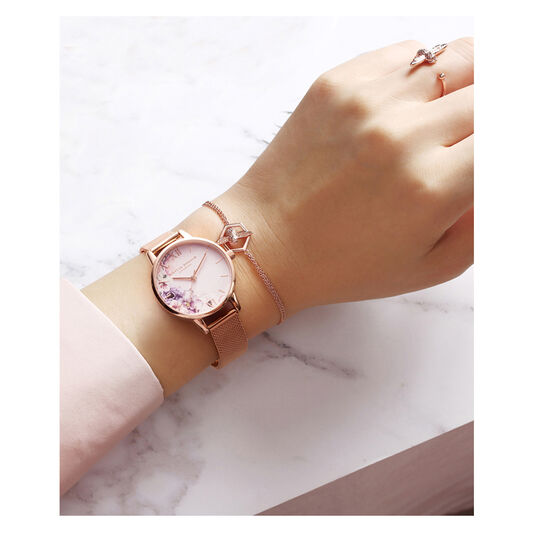 Watercolour Florals Gold Mesh Watch