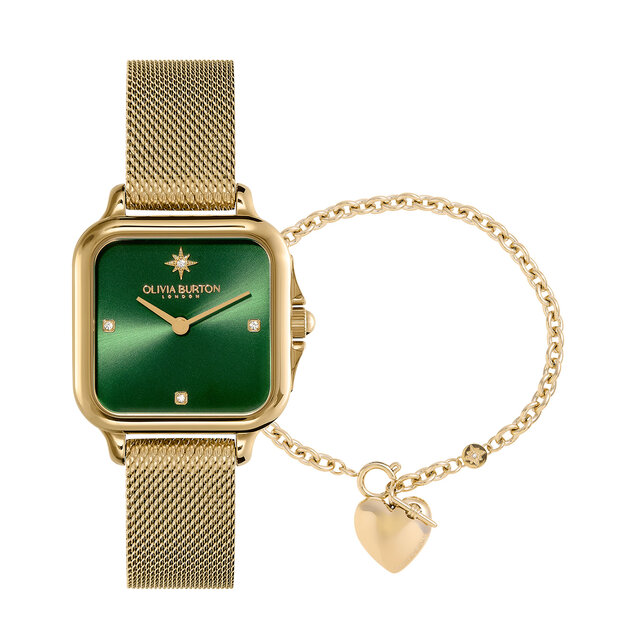 28mm Grosvenor Green & Gold Mesh Watch & Knot Heart Bracelet Gift Set