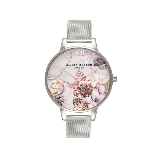 Marble Floral Rose Gold & Silver Mesh Watch