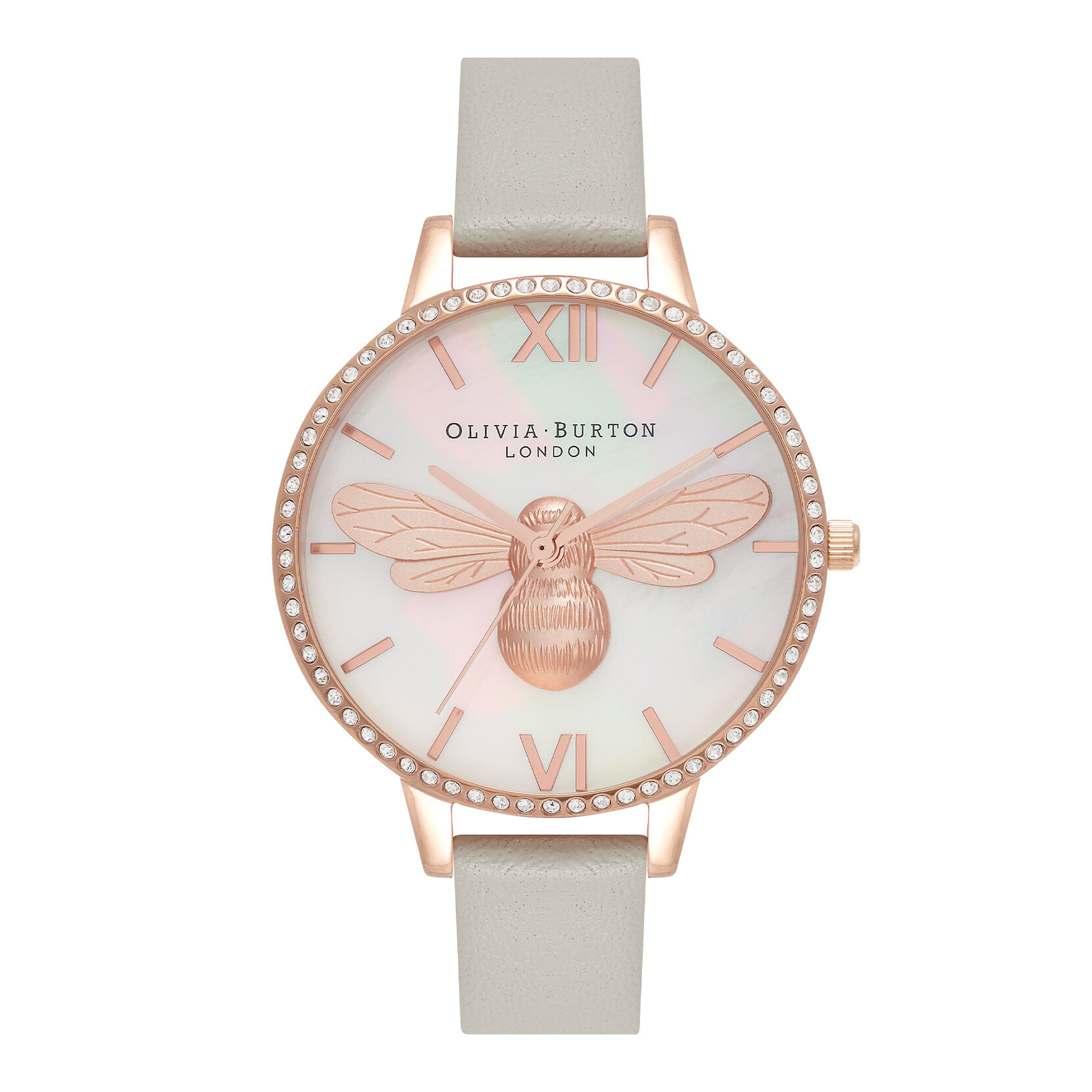 34mm Rose Gold & Grey Leather Strap Watch