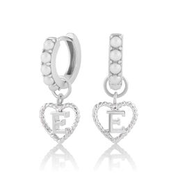 'E' Faux Pearl Heart Initial Huggie Hoop Silver
