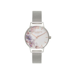  Watercolour Florals Silver Mesh Watch 