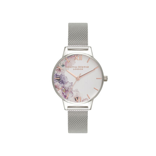 Watercolour Florals Silver Mesh Watch