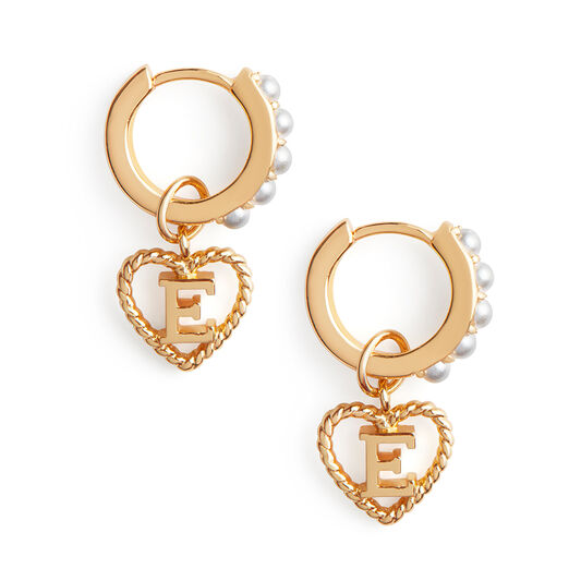 'E' Faux Pearl Heart Initial Huggie Hoop Gold