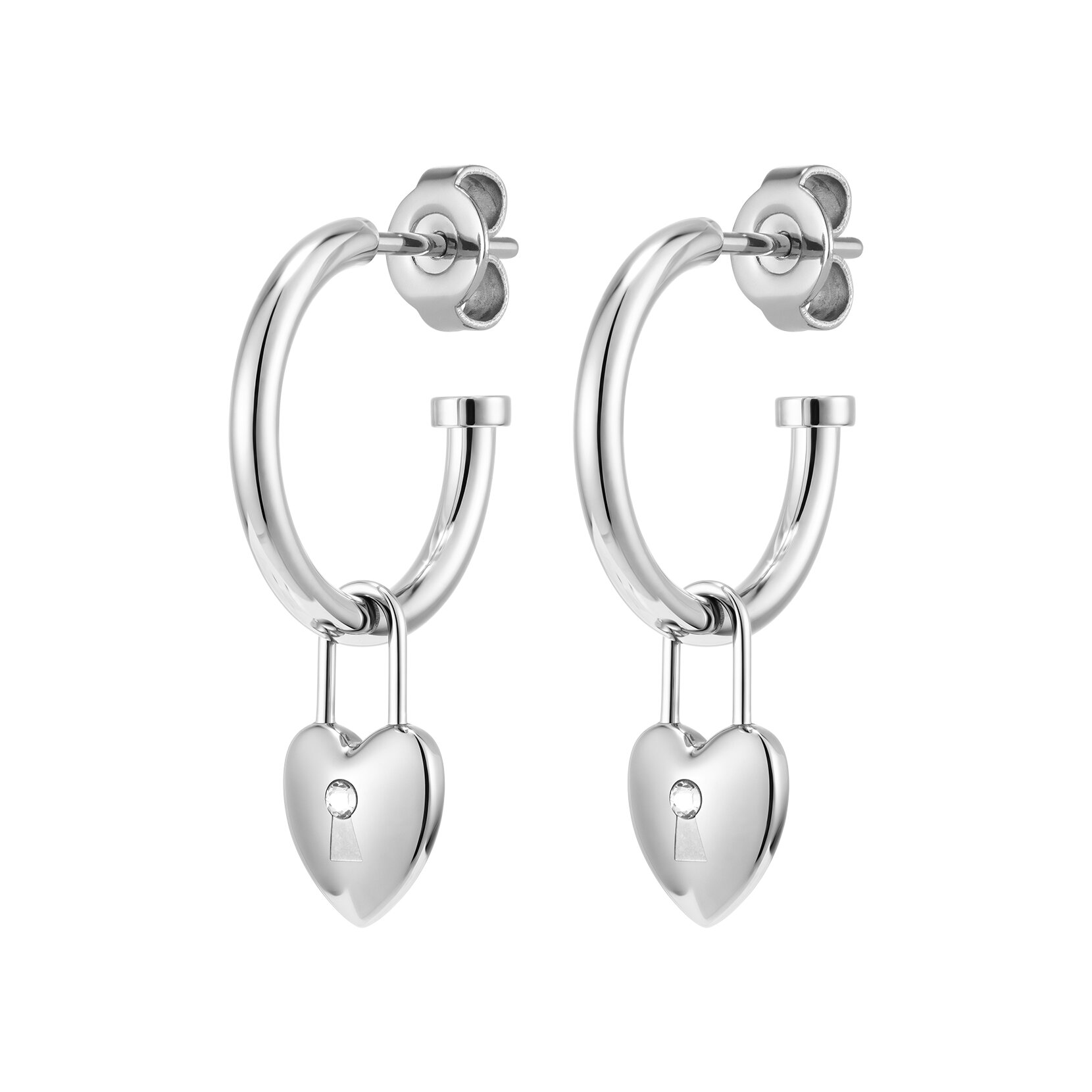 Locked Heart Silver Tone Hoop Earrings