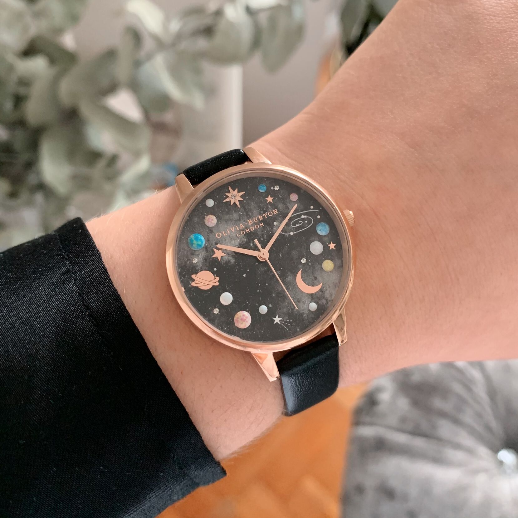Celestial 34mm Rose Gold & Black Leather Strap Watch